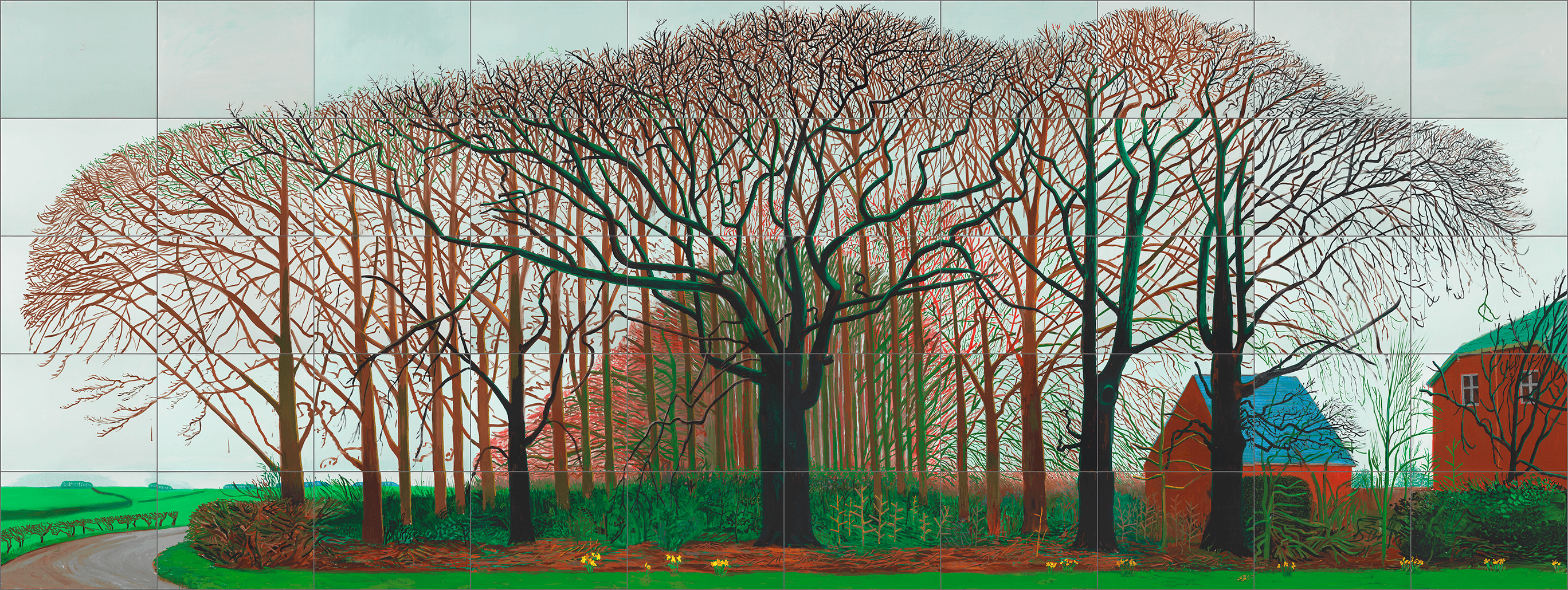 A vibrant painting of leafless trees in winter, their branches forming intricate patterns against a pale sky. A road curves beside the trees, and red-brick buildings with blue roofs are partly visible behind the trunks.