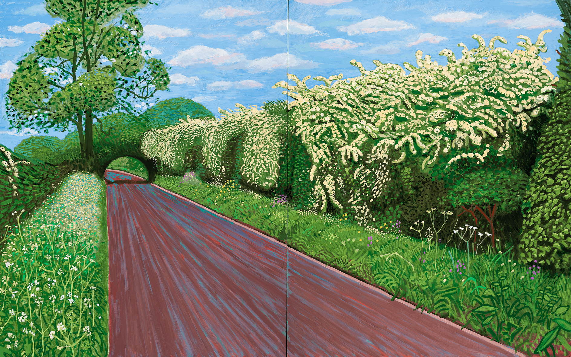 A colourful painting of a country road lined with lush green grass, trees, and white flowering bushes under a blue sky with scattered clouds. The road curves through a tunnel of foliage.