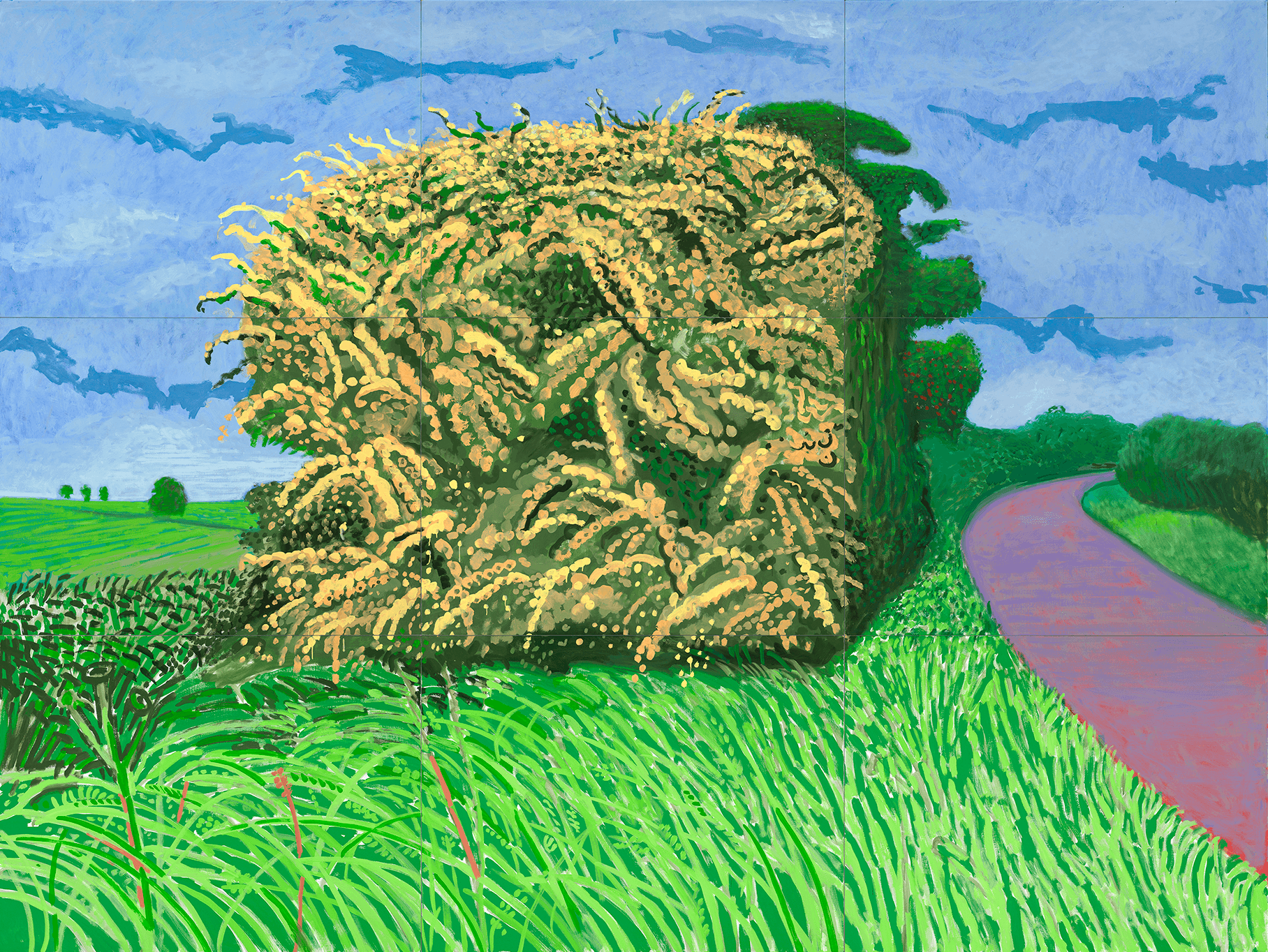 A vibrant painting of a large, leafy shrub with yellowish flowers stands by a curving pink road, surrounded by tall, green grass and fields under a bright blue sky with wispy clouds.