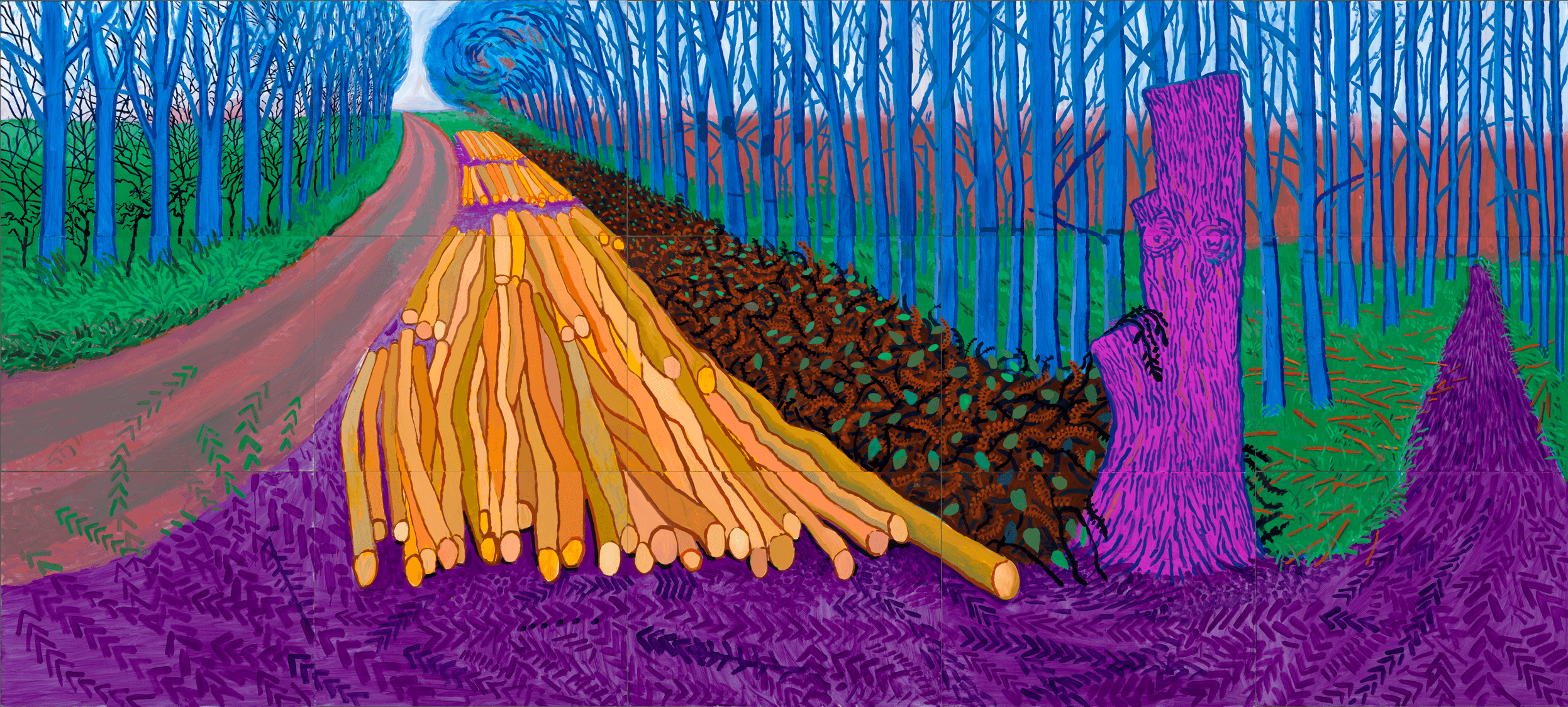 A colourful landscape painting shows a path lined with blue trees, stacked yellow logs, a row of brown branches, and a large, bright purple tree stump in the foreground under a vibrant blue sky.