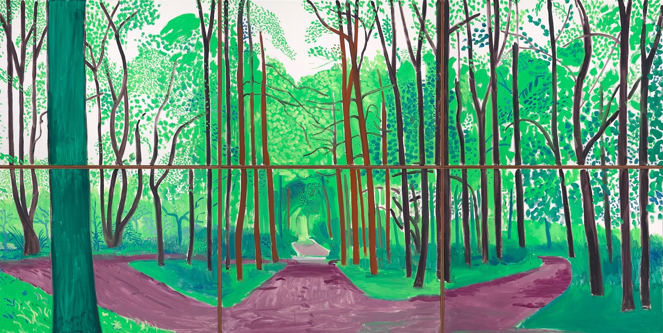 A colourful painting shows a forest with tall, thin trees and a path that splits in two directions. The scene uses vibrant greens for foliage and purples for the path, giving it a lively, almost abstract appearance.