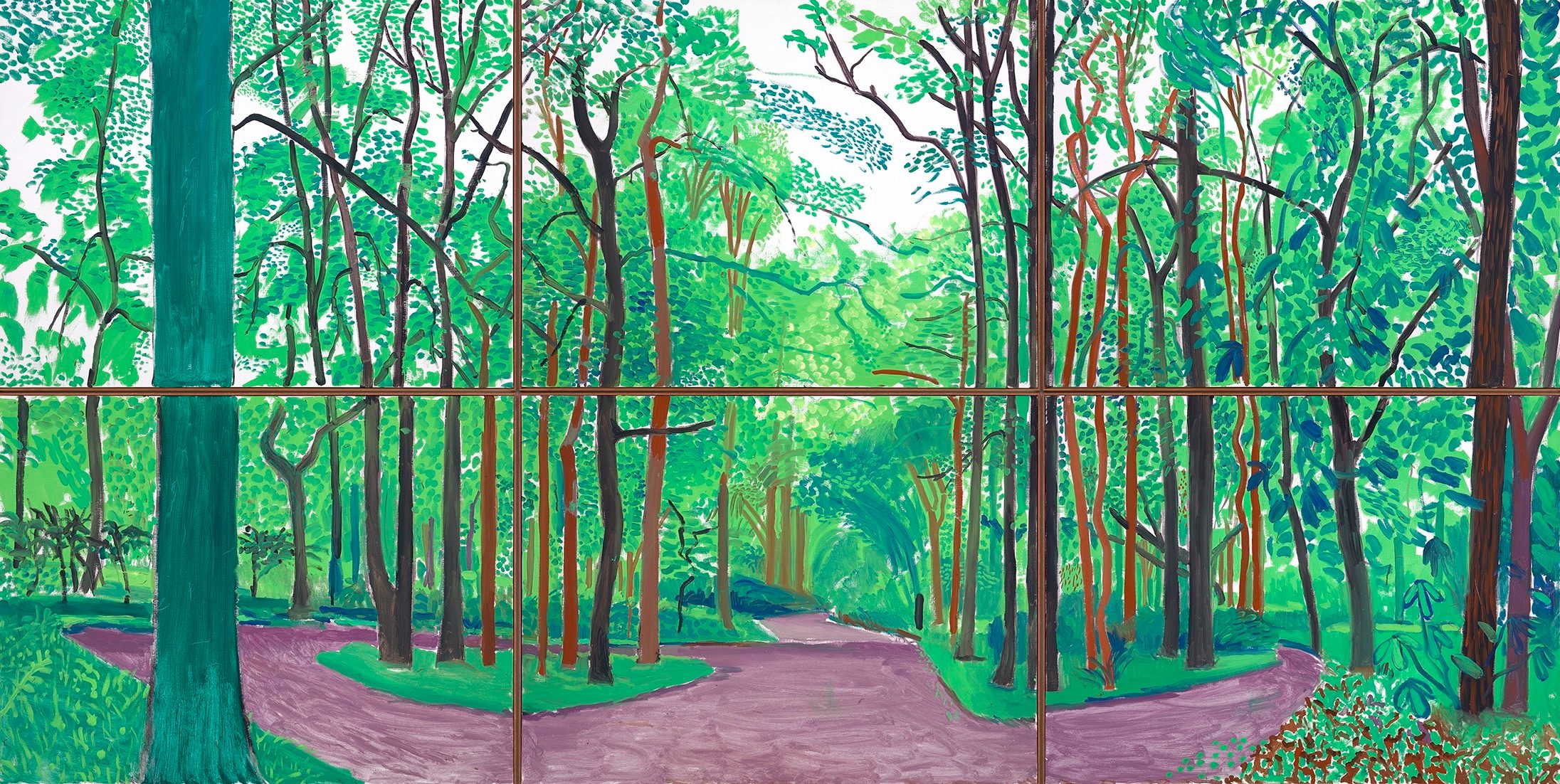 Colourful painting of a lush green forest with tall, thin trees and two winding purple paths leading into the distance. Bright green foliage fills the scene, and sunlight filters through the leaves.