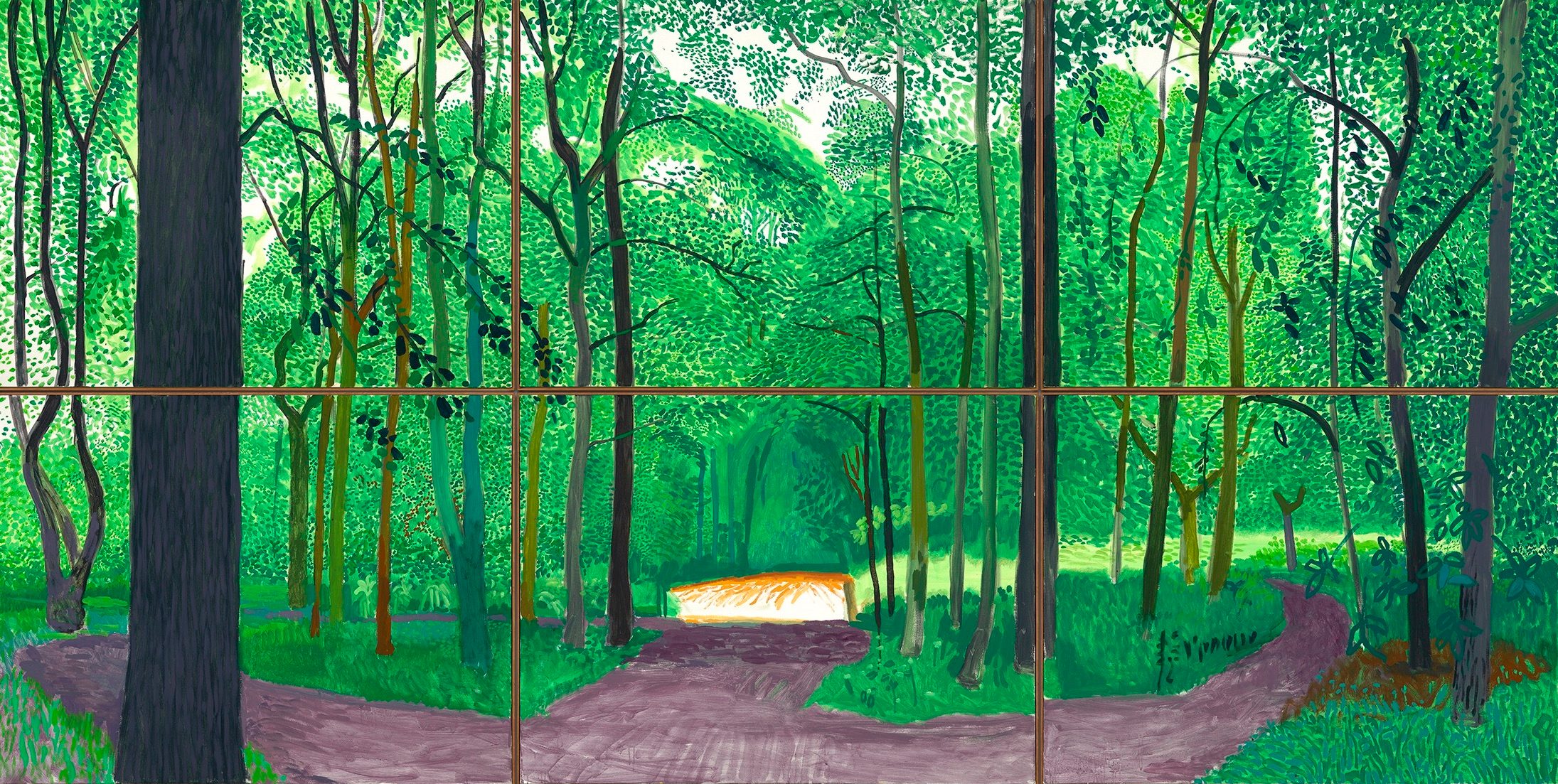 A painting of a lush green forest with tall trees and vibrant foliage, featuring two winding dirt paths that diverge and a sunlit clearing in the background. The scene is divided by faint vertical and horizontal lines.