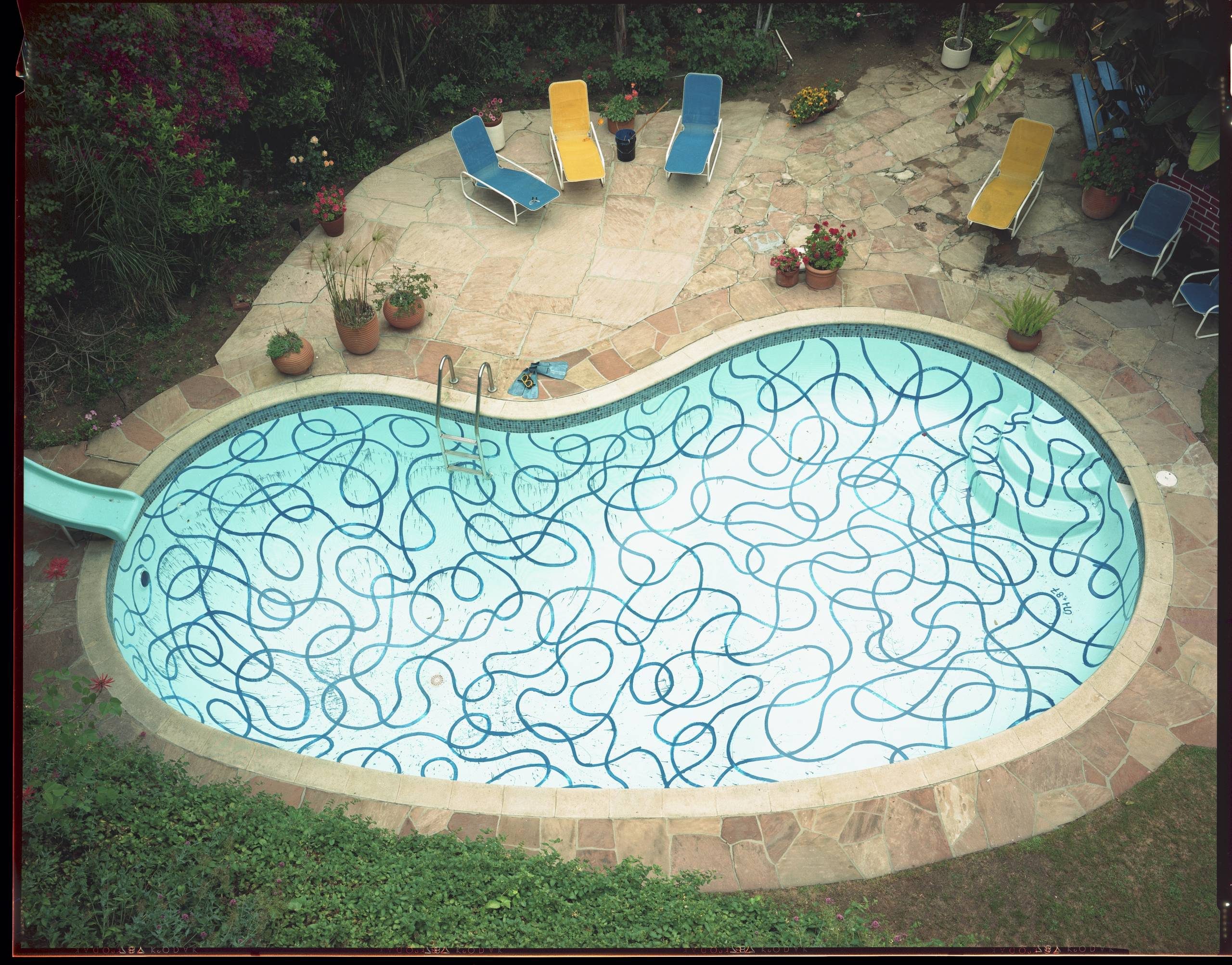 A kidney-shaped swimming pool with a blue swirling pattern on the bottom is surrounded by stone tiles, potted plants, and colourful loungers. The pool has a ladder and a small slide at one end.