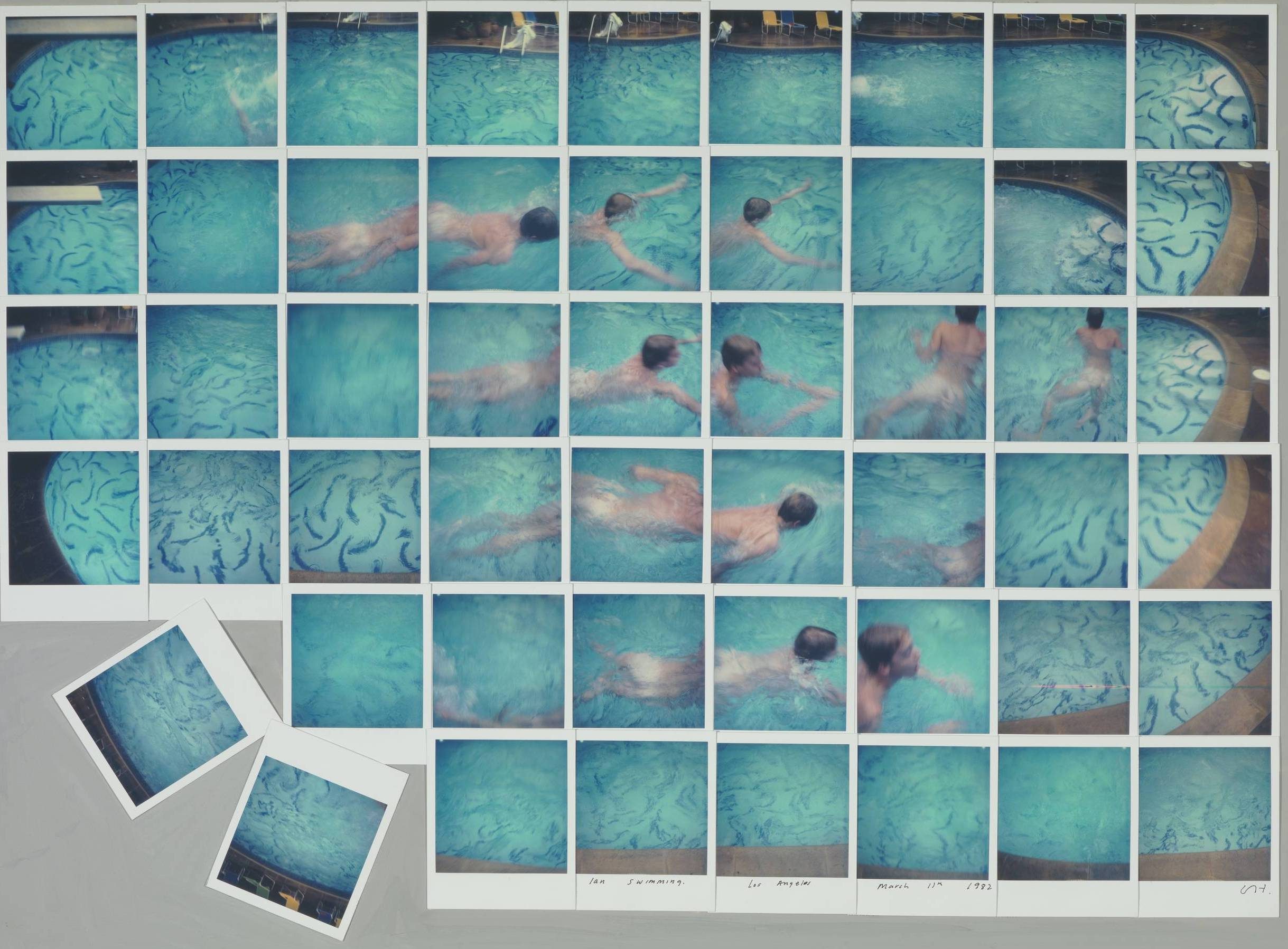A collage of Polaroid photos arranged in a grid shows a person swimming underwater in a pool. The sequence captures their movement across the pool, with two extra Polaroid photos placed at the bottom left corner.