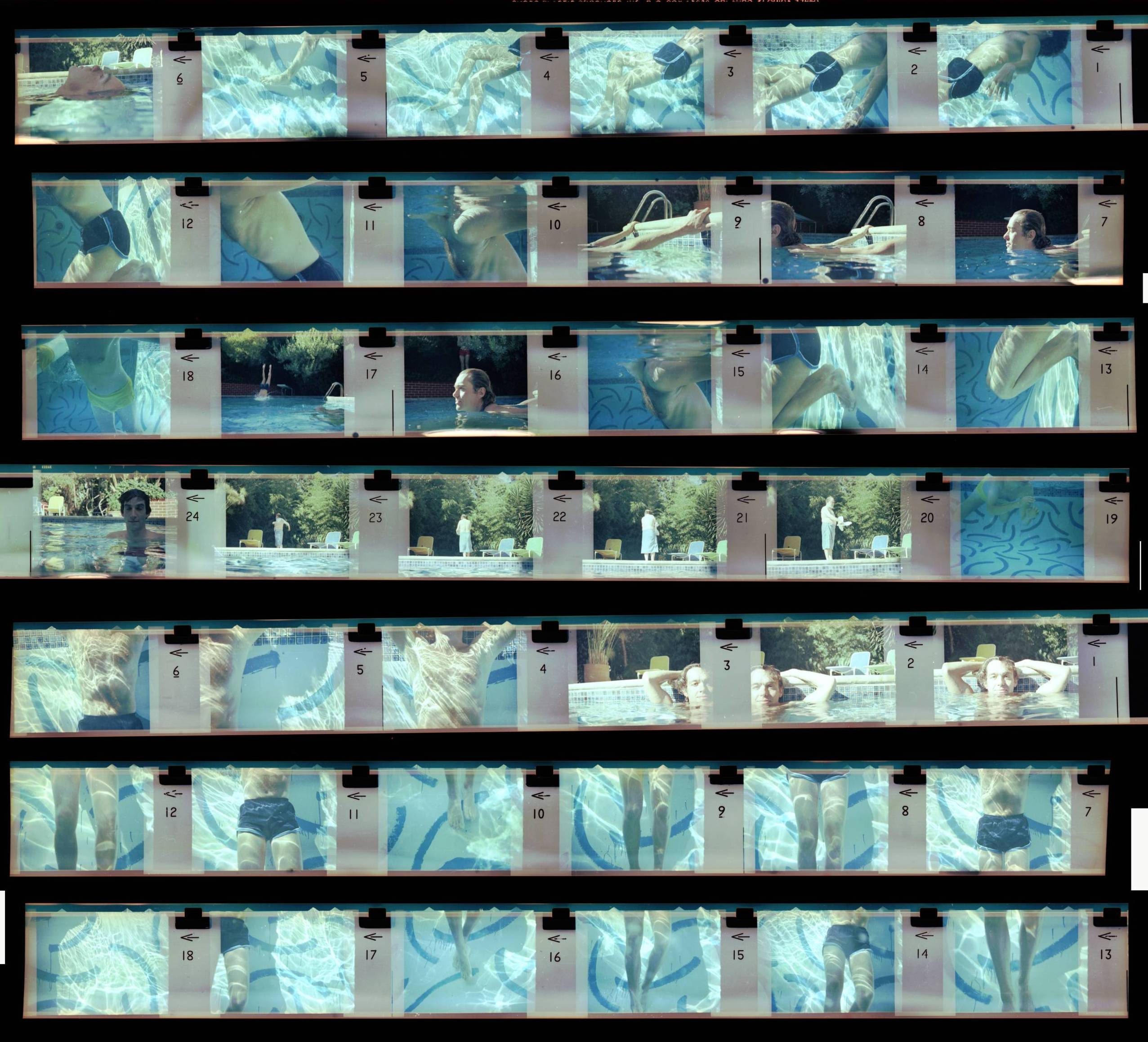 A series of film strips shows people swimming, floating, and relaxing in a clear outdoor pool, with trees and blue sky in the background. The images capture underwater and above-water scenes in sequence.