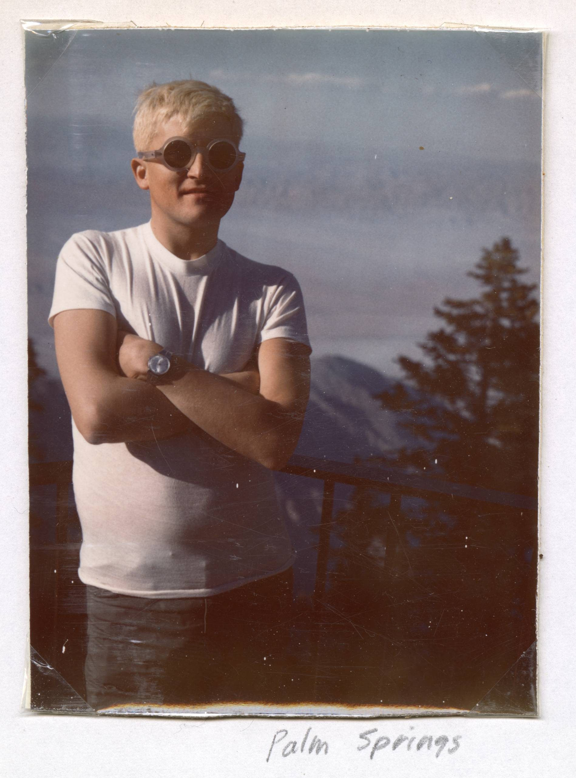 A person with short blond hair, round sunglasses, and a white T-shirt stands with arms crossed outdoors. There are trees and mountains in the background. Palm Springs is handwritten below the photo.