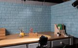 A wooden desk with art supplies, a small figurine, plants, and a camera on a tripod sits against a blue brick wall backdrop under studio lights.