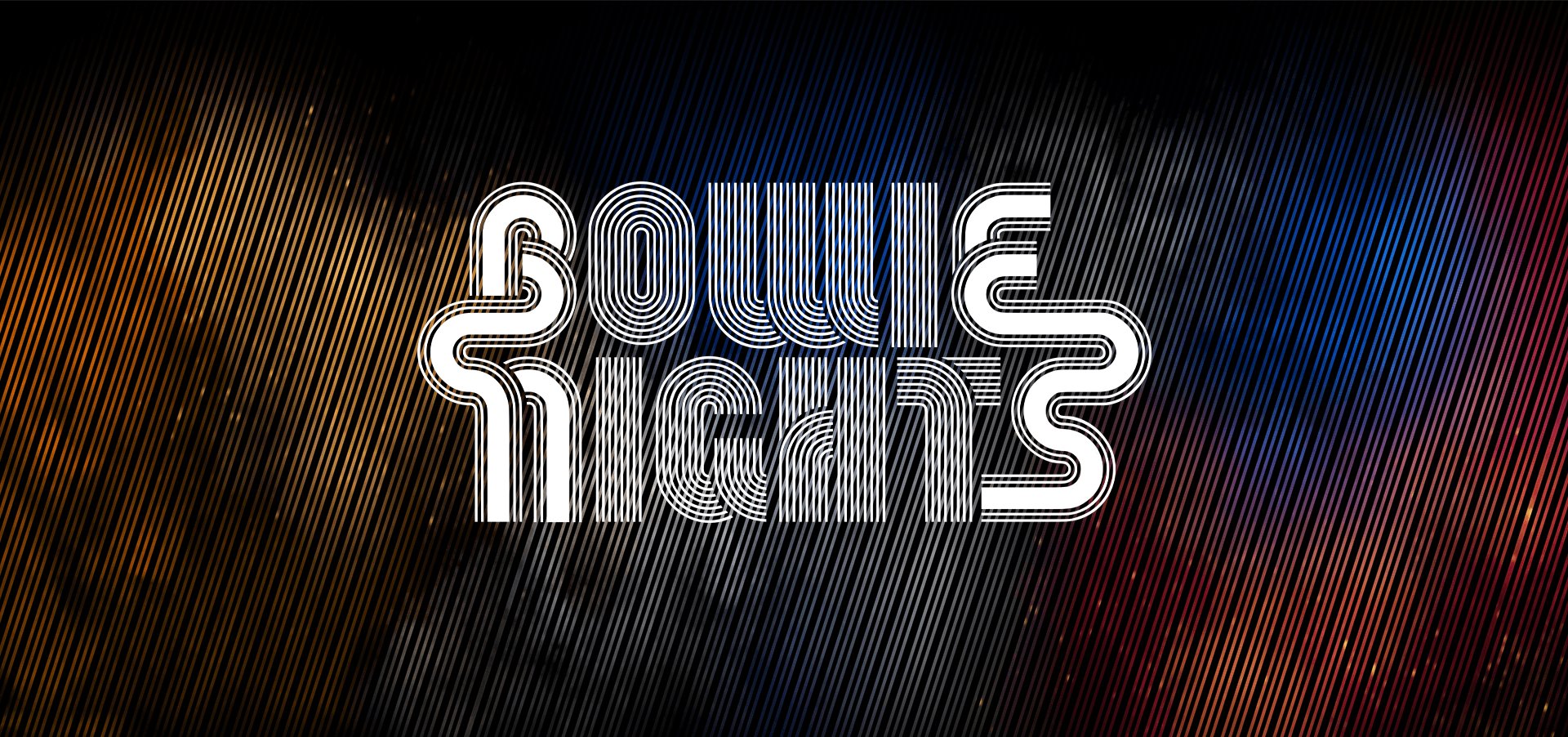 White, stylised text reading Bowie Nights with wavy, striped lines on a dark, textured background with blue, orange, and yellow gradients and diagonal black lines overlaying the image.