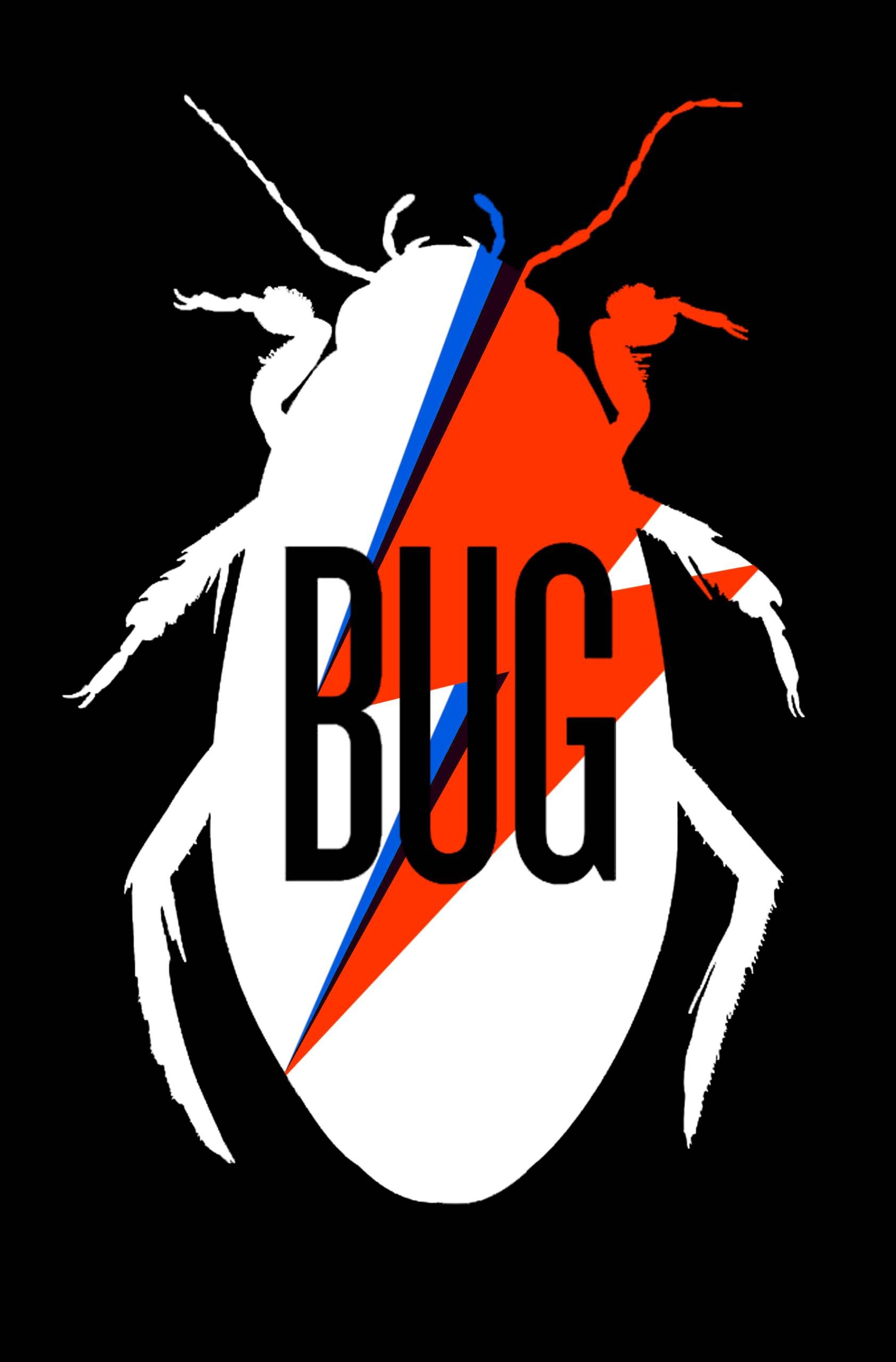 A white bug silhouette on a black background with a red and blue lightning bolt and the word BUG in bold black letters overlaid on its body.