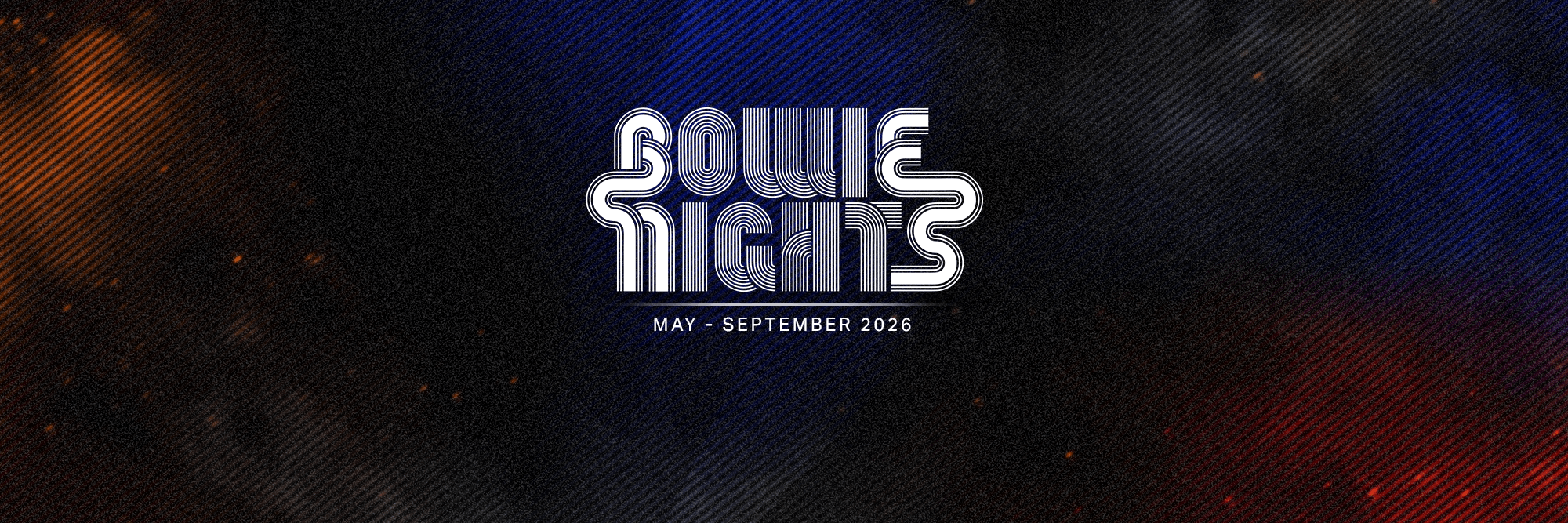 Stylised text reading Cosmic Nights with lines creating a 3D effect, and May – September 2026 below, set against a starry, cosmic background with red and blue hues.