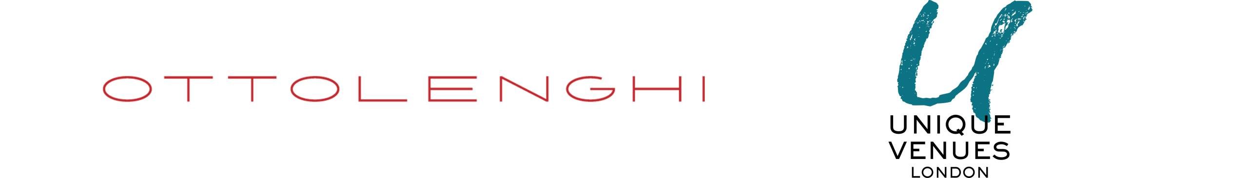 Ottolenghi logo in red text on the left and the Unique Venues London logo with a teal “U” and black text on the right, both on a white background.