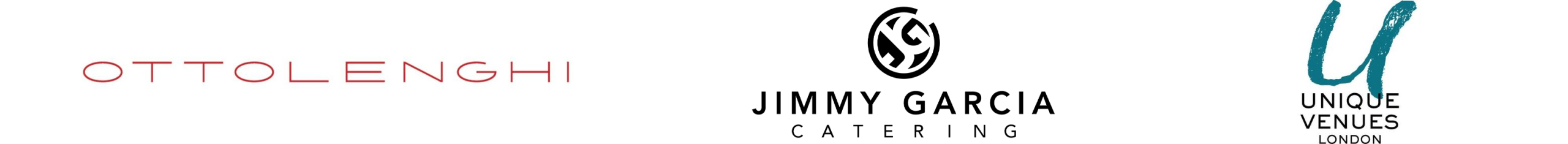 Logos for Ottolenghi, Jimmy Garcia Catering, and Unique Venues London, displayed side by side on a white background.