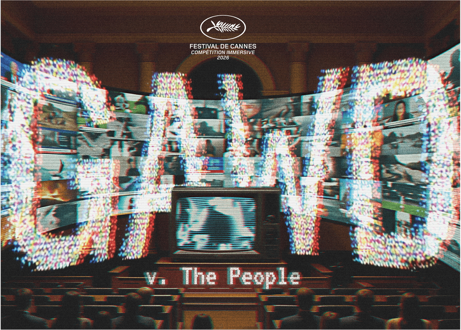 A pixelated courtroom scene shows GAWD v. The People in large glitchy text, with a retro TV at the centre. The Cannes Film Festival logo appears at the top.