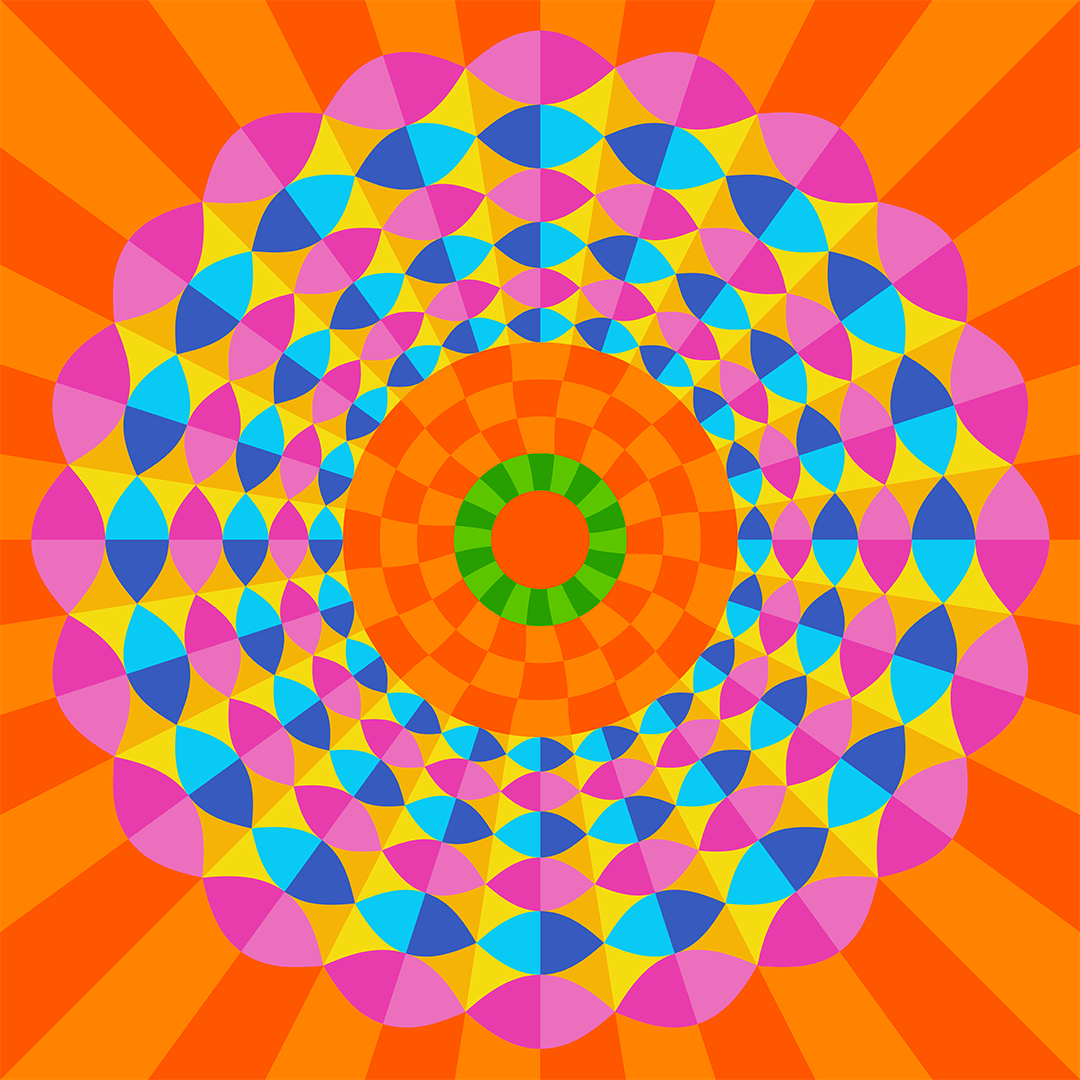 A vibrant, geometric abstract pattern with concentric circles in orange, yellow, green, blue, and purple, radiating outward on an orange background with sunburst-like rays.