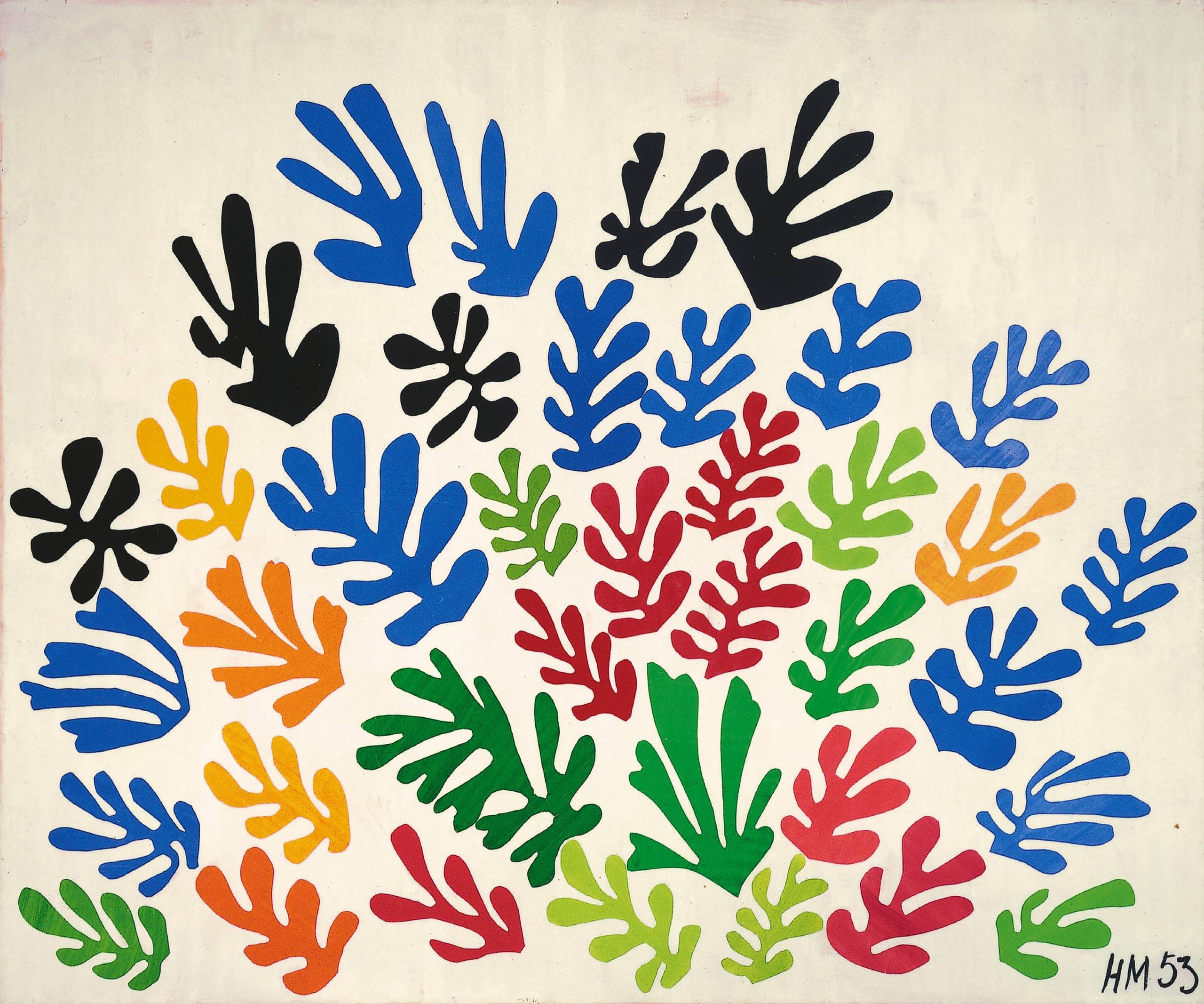 Colourful, abstract cut-out leaf shapes in blue, black, yellow, orange, green, and red are arranged on a white background. The bottom right corner is signed HM 53..